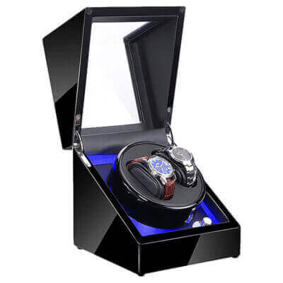 Piano Black Watch Winder with LED Lights for 2 Watches. Keep your automatic watches wound and displayed elegantly in this stylish, high-gloss winder. Perfect for watch enthusiasts!