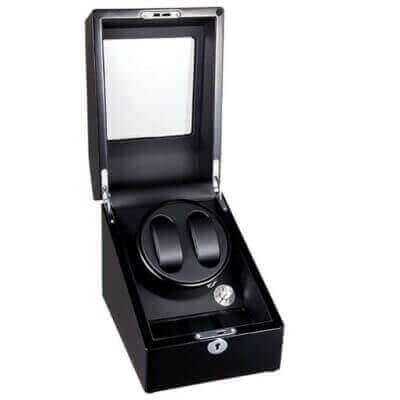 Key Locked Piano Black Watch Winder with storage for two watches. Keep your timepieces wound and secure in style. Perfect for watch enthusiasts and collectors