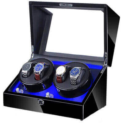 Key Locked Piano Black Watch Winder with LED Lights for 4 Watches. Elegant storage solution with stylish design, perfect for watch enthusiasts. Keep your timepieces wound and displayed beautifully