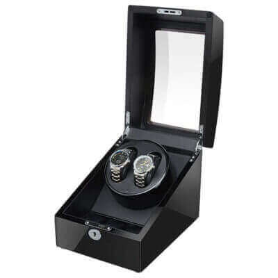 Piano Black Double Watch Winder with Storage: Elegant watch winder for two timepieces, featuring a sleek design and storage. Perfect for watch enthusiasts and collectors