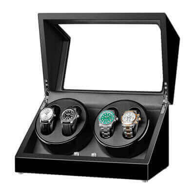 Piano Black Watch Winder for 4 Watches: Keep your automatic timepieces wound and stylishly displayed. Perfect for watch enthusiasts seeking elegance and functionality