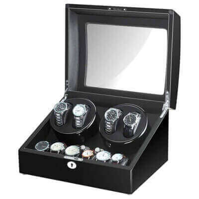 Piano Black Watch Winder with storage for 4 watches. Keep your timepieces wound and organized in style. Perfect for watch enthusiasts seeking elegance and functionality