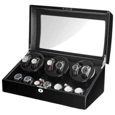 Piano Black Watch Winder with storage for 6 watches. Keep your timepieces organized and wound with this elegant accessory. Perfect for watch enthusiasts and collectors