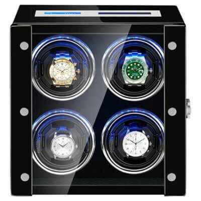 Piano Black Touch Screen LED Watch Winder for 4 Watches: Keep your luxury timepieces in perfect condition with this stylish, modern watch winder featuring a sleek design and LED lighting