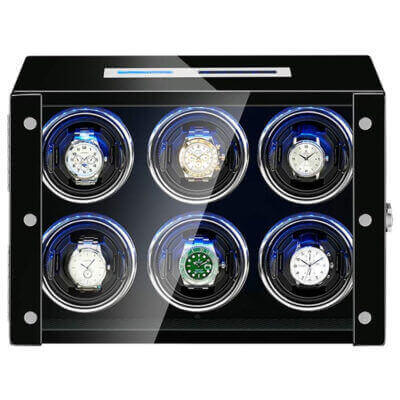 Piano Black Touch Screen LED Watch Winder for 6 watches. Keep your timepieces perfectly wound and displayed with this elegant, modern watch accessory from Ele Straps