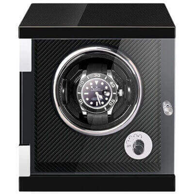 Piano Black Watch Winder with Carbon Fiber Interior for 1 Watch. Keep your timepiece wound and ready with this stylish, modern accessory. Ideal for watch enthusiasts and collectors