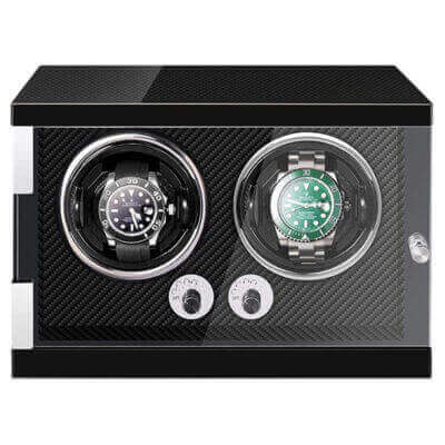 Piano Black Watch Winder with Carbon Fiber Interior for 2 Watches. Keep your timepieces safe and wound with this stylish, modern accessory from Ele Straps. Perfect for watch enthusiasts!