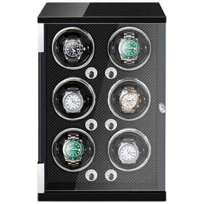 Piano Black Watch Winder with Carbon Fiber Interior for 6 Watches. Perfect for luxury timepieces, this stylish winder keeps your watches organized and ready to wear