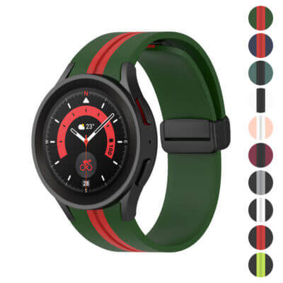 Mag-Clasp Speedtech Band for Samsung Galaxy Watch 7 in green with red stripes. Stylish and durable watch band, perfect for enhancing your smartwatch experience. Available in multiple colors