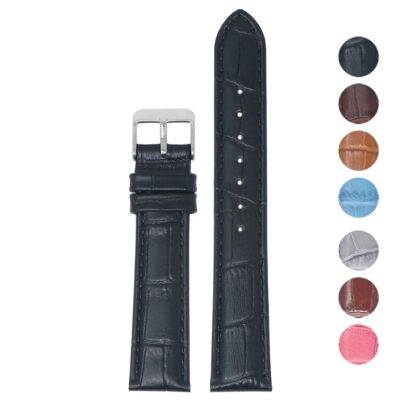 Elegant black alligator leather watch strap, available in sizes 12mm to 22mm. Features a classic buckle and a textured finish, perfect for enhancing any timepiece