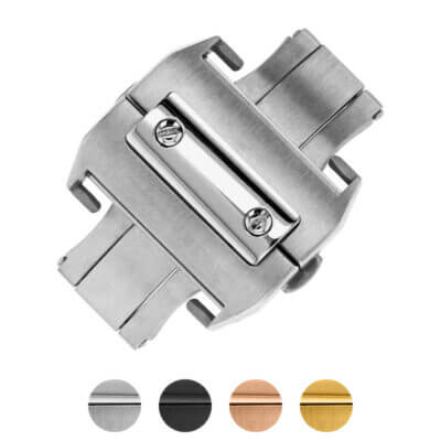 Replacement clasp for Cartier Santos watch, available in sizes 18mm and 21mm. Features a sleek design and comes in four color options: silver, black, rose gold, and yellow gold