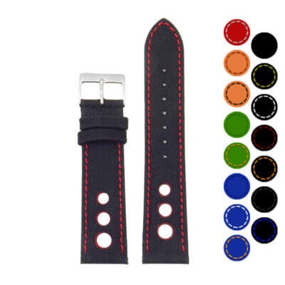 Turbo Nylon Rally Strap by DASSARI features durable nylon with contrast stitching and leather backing. Available in sizes 18mm to 26mm, perfect for enhancing your watch style