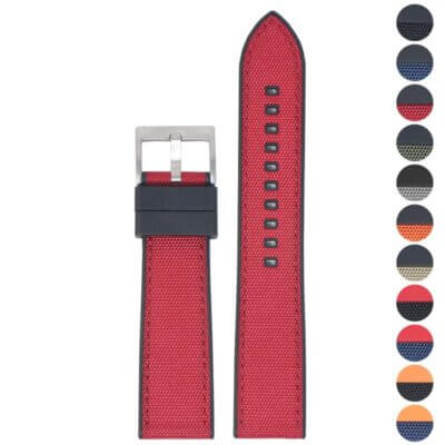 Elevate your style with the DASSARI Sailcloth FKM Hybrid Strap for MoonSwatch. This durable, red watch band combines comfort and sophistication, perfect for any occasion