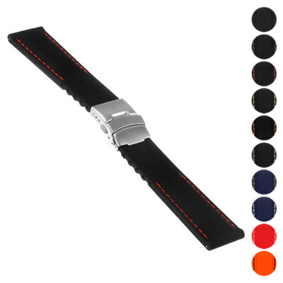 Black rubber strap with red stitching and clasp, designed for MoonSwatch. Durable and stylish, perfect for enhancing your watch collection. Ideal for everyday wear