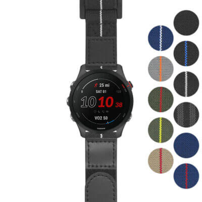 A sleek black smartwatch with a round display showing the date and distance, accompanied by various colorful watch straps displayed alongside it
