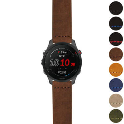 A stylish smartwatch with a black face displaying the date and time, paired with a brown leather strap. Various strap colors are shown alongside it