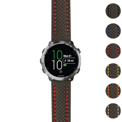 Heavy-duty carbon fiber strap designed for the Garmin Forerunner 645, featuring a sleek black design with vibrant red stitching. Perfect for style and durability