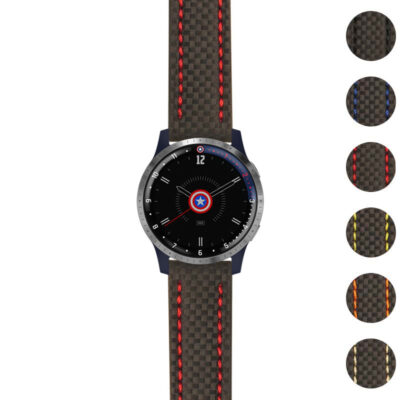 Heavy-duty carbon fiber strap designed for the Garmin Legacy Hero Series: First Avenger. Features a sleek black design with striking red stitching for a bold look