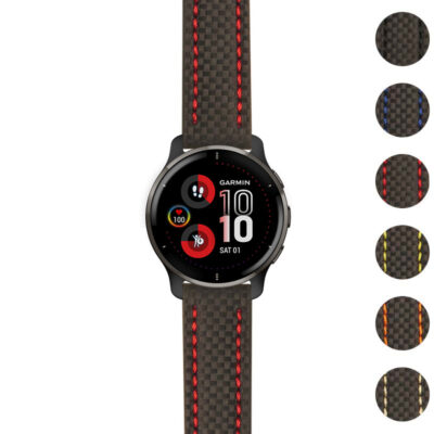 Heavy Duty Carbon Fiber Strap for Garmin Venu 2 Plus, featuring a sleek design with red stitching. Perfect for enhancing your smartwatch's style and durability. Available in multiple colors