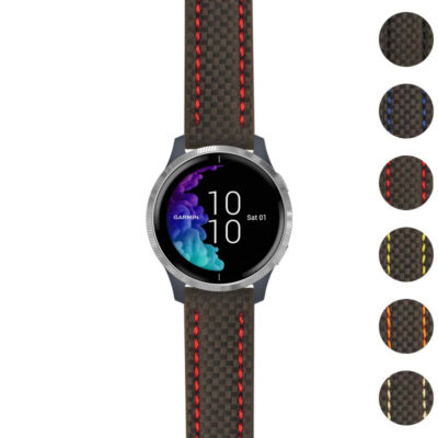 Upgrade your Garmin Venu with the Heavy Duty Carbon Fiber Strap. This stylish and durable watch band features striking red stitching, perfect for any adventure