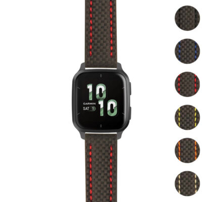 Heavy-duty carbon fiber strap for Garmin Venu Sq 2, featuring a sleek design with red stitching. Available in multiple colors for a stylish, durable upgrade