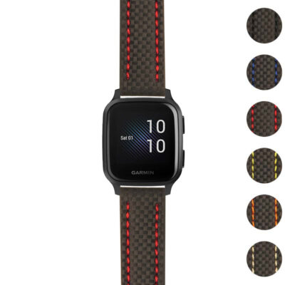 Heavy-duty carbon fiber strap designed for Garmin Venu Sq, featuring stylish red stitching. Available in multiple colors for a customizable look and enhanced durability