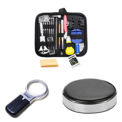 The Mod Starter Gift Bundle from Ele Straps includes essential watch repair tools, magnifying glass, and a padded work surface, perfect for watch enthusiasts. Sizes: 53mm, 71mm