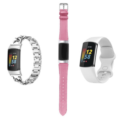 Stylish Women's Strap Bundle for Fitbit Charge 6, featuring a chic silver chain, a vibrant pink leather strap, and a sleek white band. Perfect for every occasion!