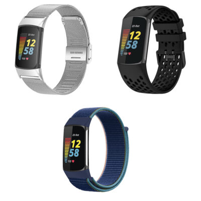 Men's Strap Bundle for Fitbit Charge 5 featuring a sleek metal mesh, durable silicone, and stylish woven strap. Perfect for fitness enthusiasts seeking versatility and comfort