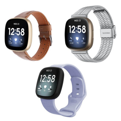 Strap Bundle for Fitbit Sense 2 featuring a stylish leather band, a sleek metal link strap, and a comfortable silicone option. Perfect for customizing your smartwatch look!