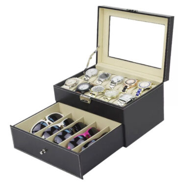 Double Layer Combination Watch and Sunglasses Box for 10 Watches. Stylish storage for your watch bands and sunglasses, keeping your accessories organized and protected. Perfect for collectors!