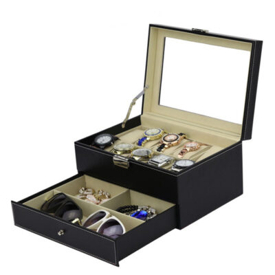 Double Layer Combination Watch, Sunglasses, and Jewelry Box for 10 Watches. Organize your accessories stylishly with this elegant storage solution from Ele Straps