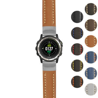 Rugged Leather Strap for Garmin D2 Charlie, featuring durable leather and stylish stitching. Perfect for enhancing your watch's look and comfort. Available in multiple colors