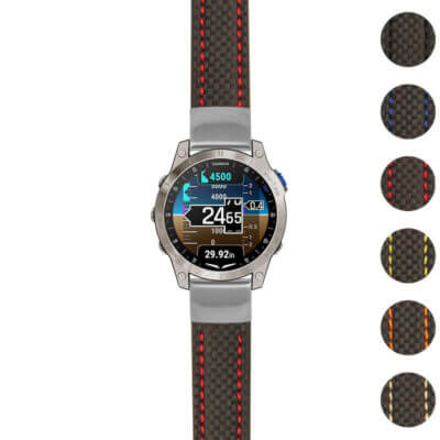 Heavy Duty Carbon Fiber Strap for Garmin D2 Mach 1. Durable and stylish, this watch band features a sleek design with red stitching, perfect for outdoor enthusiasts and everyday wear