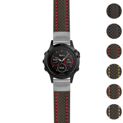 Heavy Duty Carbon Fiber Strap for Garmin Fenix 5 & 5 Plus. Durable design with stylish red stitching, perfect for outdoor adventures. Upgrade your watch with this premium accessory