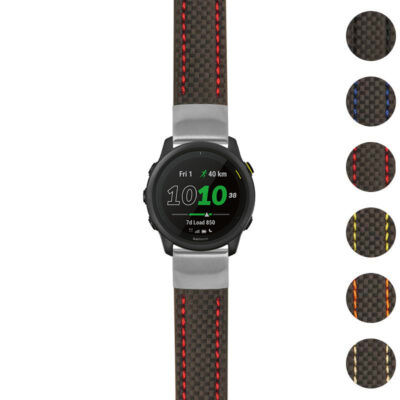 Heavy Duty Carbon Fiber Strap for Garmin Forerunner 745. Durable and stylish watch band with red accents, perfect for athletes and fitness enthusiasts. Upgrade your watch today!