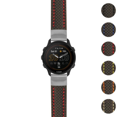 Heavy Duty Carbon Fiber Strap for Garmin Forerunner 955. Durable, stylish design with red stitching, perfect for enhancing your smartwatch experience. Available in multiple colors