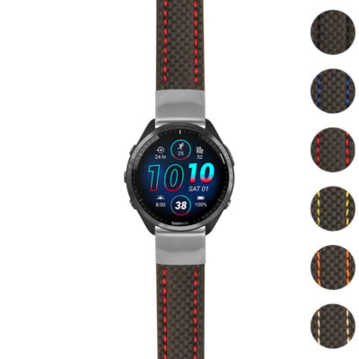 Heavy Duty Carbon Fiber Strap for Garmin Forerunner 965, featuring a sleek design with red stitching. Ideal for durability and style. Upgrade your watch accessories today!