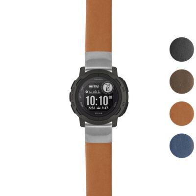 Thick leather strap designed for the Garmin Instinct 2, featuring a stylish tan color with a durable finish. Available in additional colors: black, olive, and blue