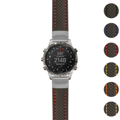 Heavy Duty Carbon Fiber Strap for Garmin MARQ, featuring a sleek design with vibrant stitching. Ideal for durability and style, perfect for outdoor enthusiasts