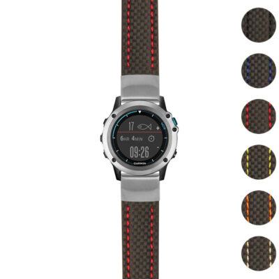 Heavy Duty Carbon Fiber Strap for Garmin Quatix 3 features a sleek design with vibrant stitching. Perfect for outdoor enthusiasts seeking durability and style in watch accessories