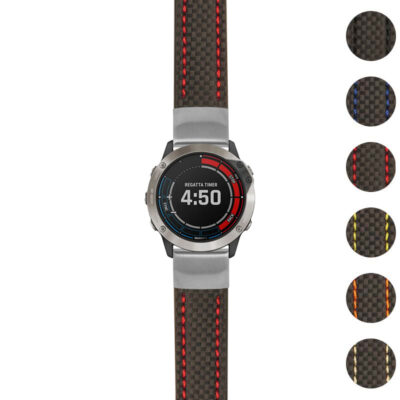 Heavy Duty Carbon Fiber Strap for Garmin Quatix 6X. Durable, stylish design with red stitching, perfect for outdoor adventures. Upgrade your watch with this premium accessory