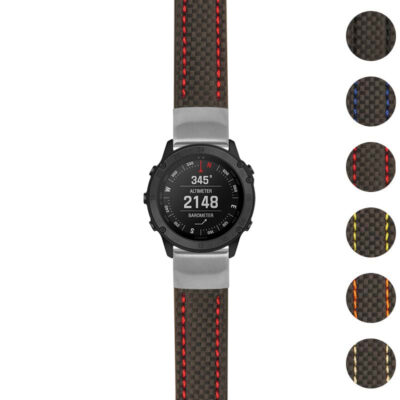 Heavy Duty Carbon Fiber Strap for Garmin Tactix Delta, featuring a sleek design with red accents. Perfect for outdoor enthusiasts seeking durability and style in watch bands