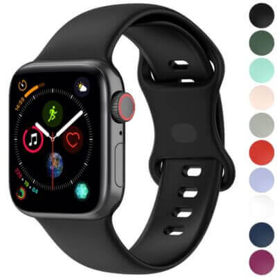 Active Band for Apple Watch in black, compatible with 38mm, 40mm, 41mm, 42mm, 44mm, 45mm, and 49mm sizes. Perfect for fitness enthusiasts and stylish wearers