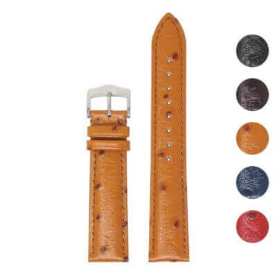 Ostrich-embossed leather watch strap with quick release. Available in 18mm, 20mm, and 22mm sizes. Upgrade your timepiece with this stylish and durable accessory