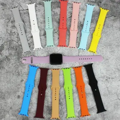 A variety of smartwatch straps in different colors arranged around a central black smartwatch, showcasing options for various occasions