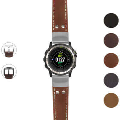 DASSARI Vintage Leather Pilot Watch Band with rivets for Garmin D2 Charlie. Stylish and durable, this strap enhances your watch with a classic look. Available in multiple colors