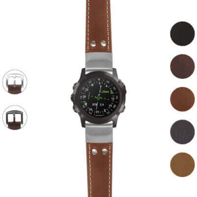 DASSARI Vintage Leather Pilot Watch Band with rivets, designed for Garmin D2 Delta PX. Stylish, durable leather strap available in multiple colors for a classic look