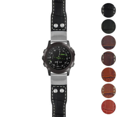 DASSARI Aviator Crocodile Embossed Leather Strap with Rivets for Garmin D2 Delta PX. Stylish and durable, this watch band enhances your timepiece with a touch of elegance. Available in multiple colors