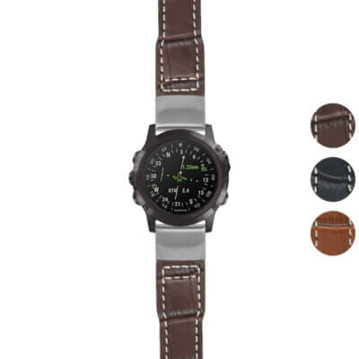 DASSARI Alligator Pilot Strap for Garmin D2 Delta PX. Stylish brown leather watch band with white stitching, perfect for enhancing your smartwatch's look and comfort